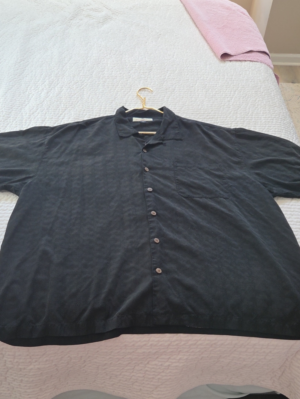 Tommy Bahama Black Short-Sleeve Button-Down Shirt, Full Back Logo.